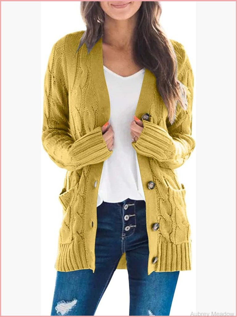 Cable Knit Open Front Button Cardigan Sweater Long Sleeve Chunky Cozy